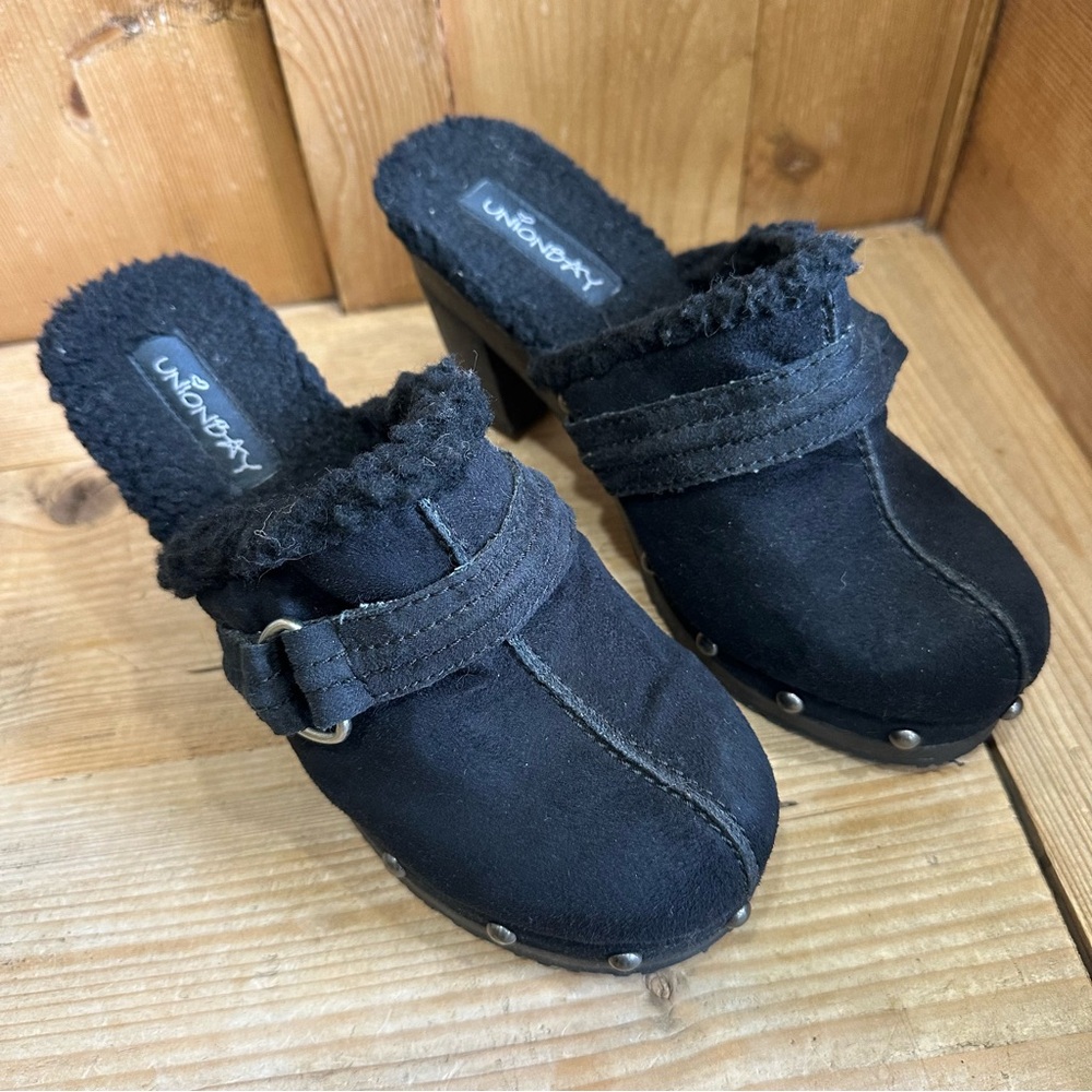 Unionbay Black Suede Shearling-Trim Clog Heels